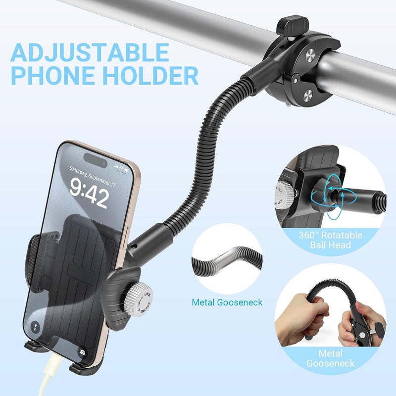 INSSKY Bike Phone Mount, 360° Adjustable Gooseneck Universal Handlebar Phone Holder, Tool-Free Installation for Bicycle Scooter Stroller Wheelchair, Fit for iPhone 16 Pro Max/15/14/13 & 4-7" Phone - Image 1